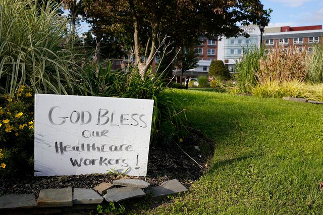 Sign thanking health care workers is displayed outside of Morristown Medical Center in Morristown, N.J.